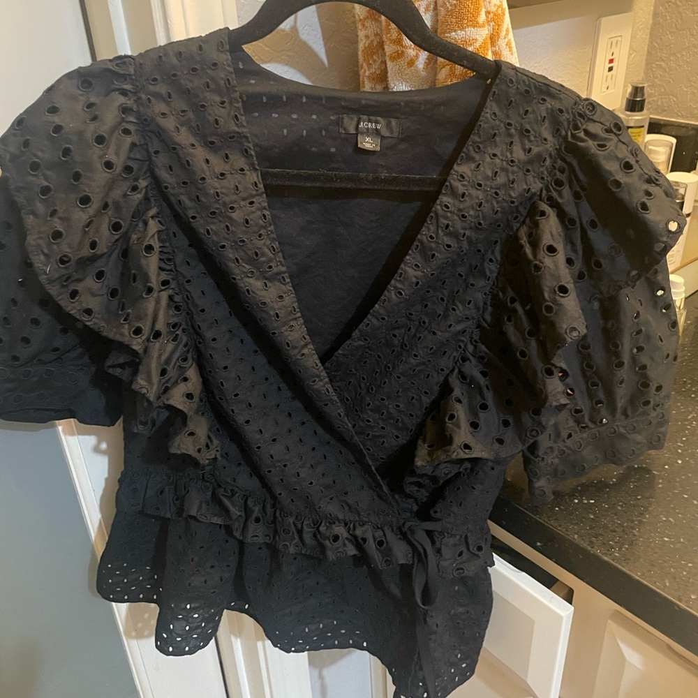 J. Crew Black Wrap Blouse with Puff Sleeves and Peplum
